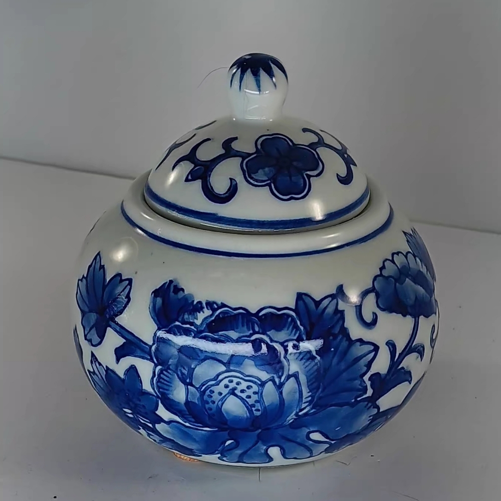 Vtg. Porcelain Lidded Bowl Blue Flowers Over White